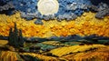 Vibrant Mosaic: Sculptural Pop Art Painting Of Moon, Mountains, And Fields