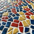 A vibrant mosaic composed of irregularly shaped tiles, featuring a dynamic pattern of