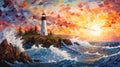 Vibrant Mosaic Lighthouse Painting At Sunset On Island