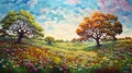 Vibrant Mosaic: A Dreamlike Flower Landscape With Trees In May Royalty Free Stock Photo