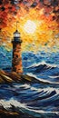 Vibrant Mosaic: Sunrise Lighthouse Painting With Multilayered Realism