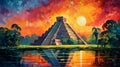 Vibrant Mosaic: Sunset Painting Of Old Mayan Ruins At Chichen Itza Royalty Free Stock Photo