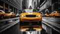 vibrant motion blur of yellow cabs in bustling new york city street scene high quality image