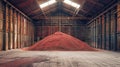 A vibrant mound of red dirt stands out in a bustling potash fertilizer warehouse, symbolizing the mining and processing of Royalty Free Stock Photo