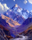 Vibrant Mountain Art: Painted Interpretation of Argentinas Snow-Capped Terrain