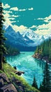 Vibrant Mountain Landscape With Lake - Whistlerian Style Pixel Painting