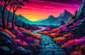 Vibrant Mountain Pathway with Bold Colors and Twilight Glow Royalty Free Stock Photo
