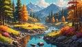 Vibrant mountain scenery in oil painting, AI-generated.