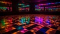 Vibrant multi colored abstract pattern illuminates modern nightclub dance floor backdrop generated by AI