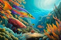 A vibrant, multi-colored coral reef teeming with exotic fish and marine creatures