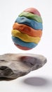 Colorful stacked clay egg levitating above a stone with shadow on white background Royalty Free Stock Photo