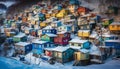 A vibrant, multi colored hut in a crowded winter fishing village generated by AI Royalty Free Stock Photo