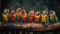 Vibrant multi colored macaw perched on branch in tropical rainforest generated by AI Royalty Free Stock Photo