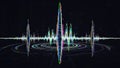 Colorful sound wave equalizer with concentric circles and digital grid audio music Royalty Free Stock Photo