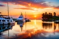A vibrant, multi-colored sunset over a tranquil bay, with boats at anchor