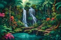 A vibrant, multi-tiered waterfall hidden within a lush, tropical jungle.