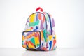 vibrant multicolor kids backpack, hanging, white backdrop