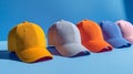Vibrant multicolored baseball caps arranged in a row on a light blue surface with a matching blue backdrop creating a bright and Royalty Free Stock Photo