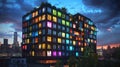 Vibrant multicolored building illuminated at night