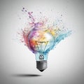 Vibrant Multicolored Burst of Paint from Exploding Lightbulb for Creative Brainstorming and Copy Space for Text in Royalty Free Stock Photo