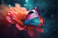 Vibrant Multicolored Butterfly on Rain-Kissed Orange-Red Flower - generative AI, AI generated Royalty Free Stock Photo