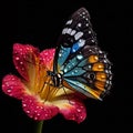 Vibrant Multicolored Butterfly on Red Flower with Glistening Raindrops - generative AI, AI generated Royalty Free Stock Photo