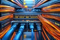 Vibrant multicolored cables running through a server room visualizing high speed data transmission and complex network manageme