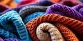 Vibrant multicolored crocheted blankets in a close up view showcasing textures and patterns in a cozy intertwined heap Royalty Free Stock Photo