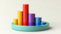 Vibrant multicolored 3D bar chart on a minimalistic round platform with clean lines and glowing edges, representing data visual