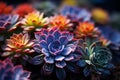 vibrant, multicolored display of succulent plants can be seen growing in a dark and mysterious field