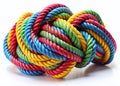 Vibrant Multicolored Knotted Rope Against a Pristine White Background A Striking Visual Element for Design Projects Royalty Free Stock Photo