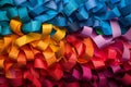 Vibrant multicolored paper strips in an array of varied colors forming intricate circular patterns, creating a visually stunn
