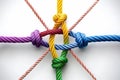 Vibrant multicolored ropes braided on white surface symbolizing unity, diversity, and teamwork