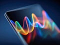 Vibrant multicolored sound wave visualization emanating from a sleek modern touchscreen device against a dark background Royalty Free Stock Photo