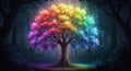 A vibrant, multicolored tree stands majestically in a dark forest. Its foliage displays