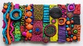 A vibrant multicolored wall hanging made entirely out of clay beads and shapes.