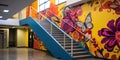 Vibrant mural adorning the risers of a public staircase, showcasing community art and urban beautification , concept of