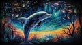 Vibrant Mural: Underwater Dolphin In Technicolor Dreamscape