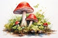 Vibrant Mushroom flowers watercolor illustration. Generate Ai