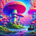 Vibrant mushroom forest with a big central mushroom and soldiers disembarking.