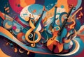 Vibrant musical notes in an abstract composition with swirling patterns, Generative AI