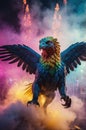Majestic Rainbow Hippogriff Fantasy Creature Soaring Through Mystical Smoke Royalty Free Stock Photo
