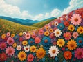 Vibrant Naif Style Illustration of a Lush Flower Field Against Rolling Hills