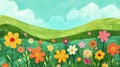 Vibrant naive art style background featuring colorful flowers and green hills with ample space for text placement