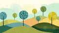 Vibrant naive art style landscape background featuring colorful trees on rolling hills with space for text placement