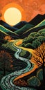 Vibrant Nature Painting: River Running Through Orange And Yellow Landscape