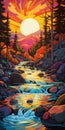 Vibrant Neo-traditional Artwork: Sunset Over Forest, Canyon, River, Waterfall
