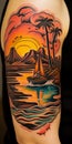 Vibrant Neo-traditional Tattoo Of Sea And City At Sunset