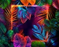 Vibrant neon blue, green and purple tropical leaves and plants, neon square glowing frame, abstract banner, background