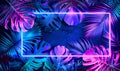 Vibrant neon blue and purple tropical leaves and plants, neon rectangular frame, abstract banner, background